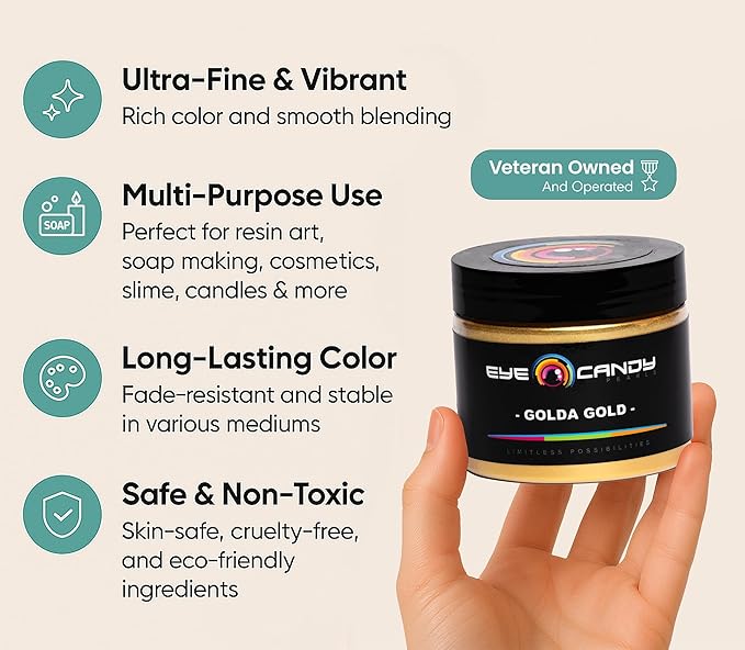 Eye Candy Pigments Premium Gold Mica Powder - Golda Gold (50gr) - for Epoxy, Resin, Soap, Paint, Woodworking, Acrylic Pouring, Bath Bombs, Fishing Lures - DIY Arts and Crafts Additive