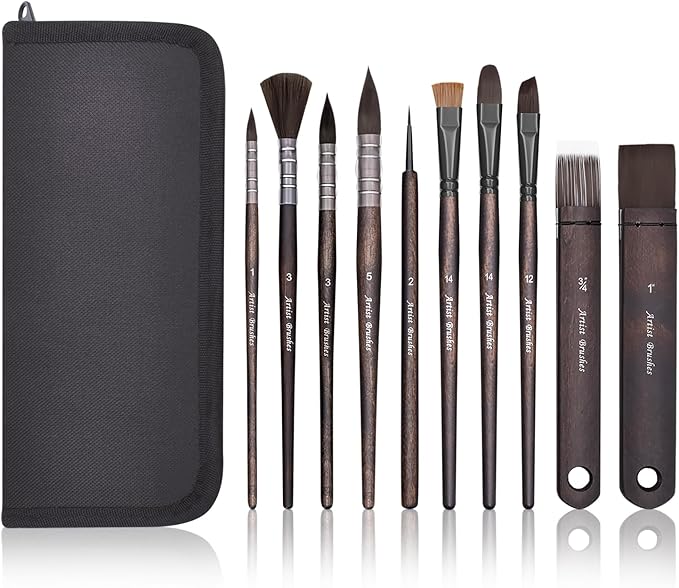 10 Pieces Paint Brush Set, Artist Series, Nylon Bristles with Round, Flat, Fan, Angle, Detail Brush, Suitable for Artists and Beginners for Acrylic Painting, Oil, Watercolor, Gouache(Black)