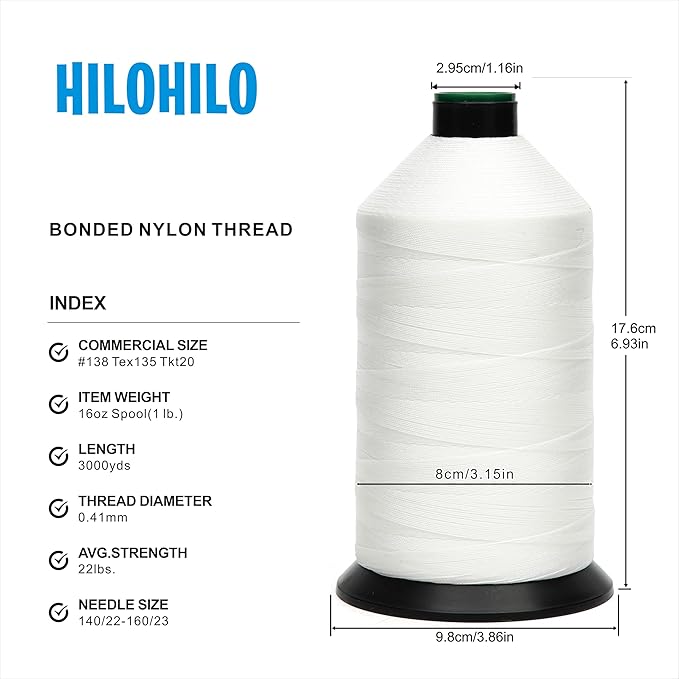 Extra Strong Bonded Nylon Thread #138 Tex135 – 16 OZ, 3000yds, Versatile Stitching Solution for Leather, Upholstery, Canvas Repair and More (White)