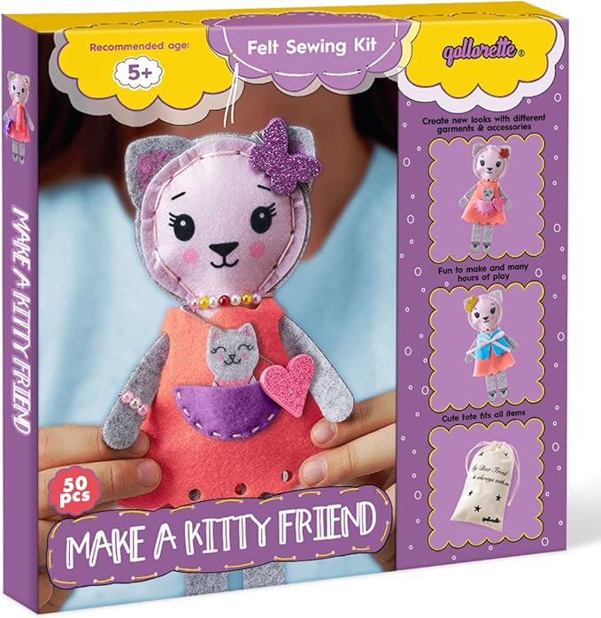 qollorette Felt Sewing Kit for Children, Make Your Own Kitty Toy, Kids' Craft Kit - Make A Friend Sew Kit - Beginner Sewing Kit for Kids, Learn to Sew & Play