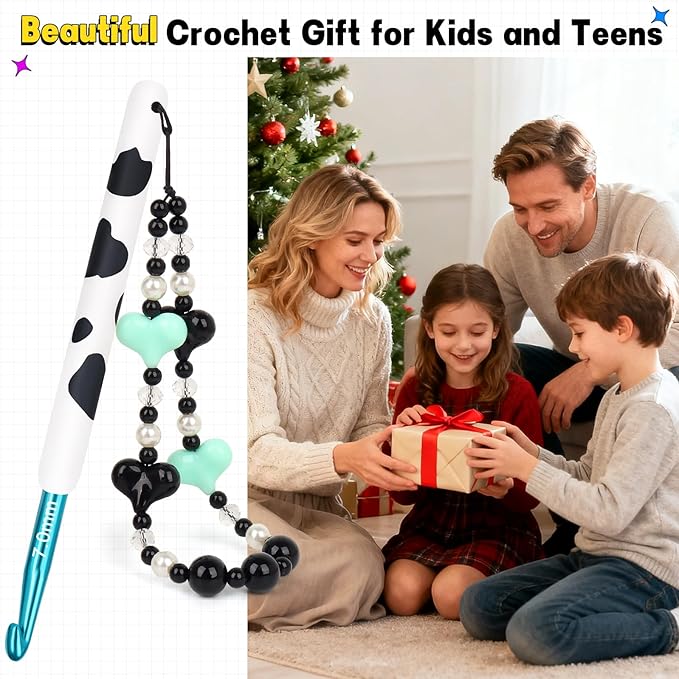 Katech Ergonomic Crochet Hook, Aluminum Soft Grip Crochet Hooks for Beginners and Arthritic Hands, Soft Clay Crochet Needle with Cow Motif and Bead Chain-Ideal Gift for Crocheter (7.0mm)