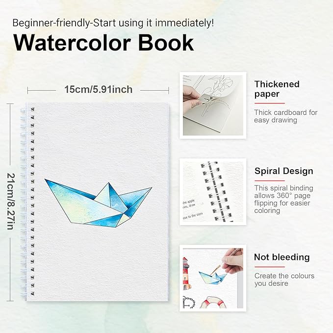 Watercolor Workbook for Beginners with Step-by-Step - 12 Watercolor Coloring Pages - 100% Cotton 300gsm/140lb Watercolor Paper - Gift for Women,Adults, Teens (Seaside)