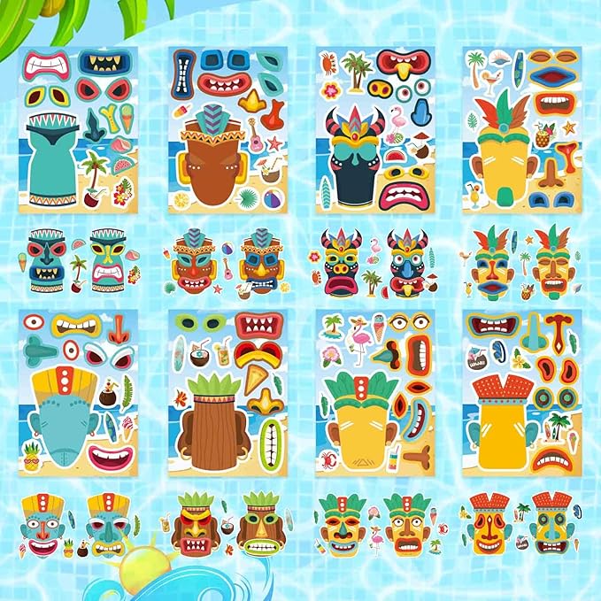 24 Sheets Tiki Make a Face Stickers, Tropical Hawaiian Stickers for Kids Summer Luau Party Favors Decoration