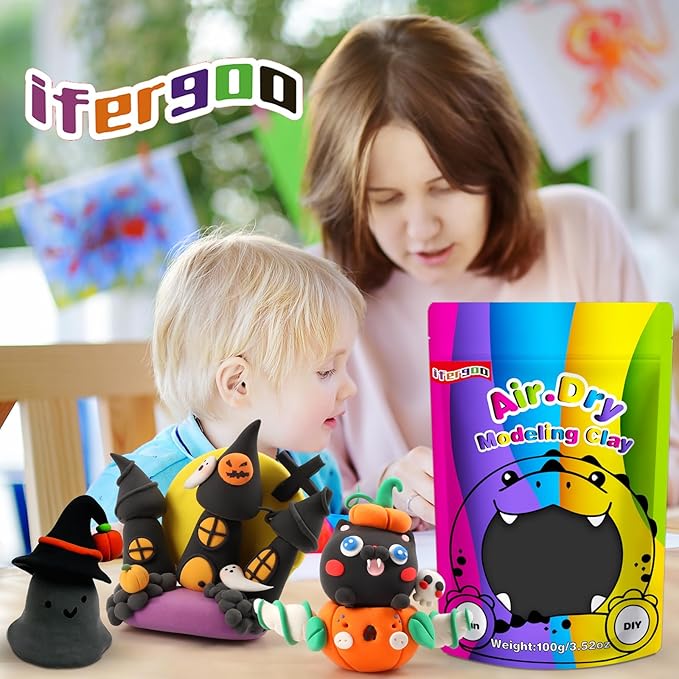 iFergoo Black Air Dry Clay, DIY Creative Modeling Clay for Kids, Super Light Magic Clay for Kids Age 3-12, Safe & Non-Toxic, Molding Clay for Sculpting, Great Gift for Boys & Girls