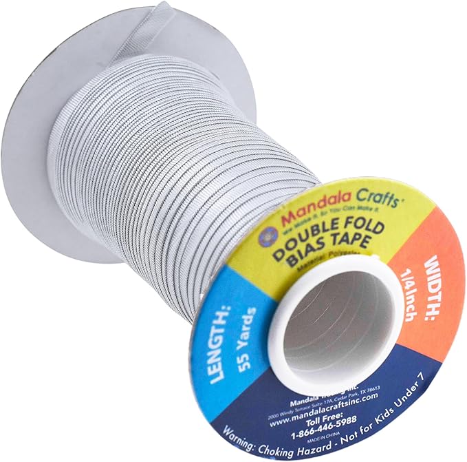 Mandala Crafts 55 Yards 1/4 Inch Metallic Silver Double Fold Bias Tape for Sewing - Bias Binding Tape for Quilting Binding, Hemming, Seam, and Fabric Piping