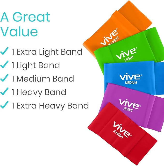 Vive Flat Resistance Band (5 Piece Set) - Stretch Bands for Exercise, Physical Therapy, Yoga - Elastic Bands, Long Stretching Rubber - Track & Field Accessories, Fitness Training, Home Gym for Adults