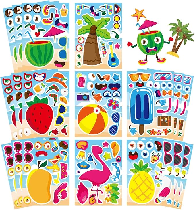 24 Sheets Summer Make a Face Sticker Hawaii Tropical Pool Beach Stickers for Kids, Make Your Own Watermelon Pineapple Flamingo Stickers, Summer Holiday Party Favors