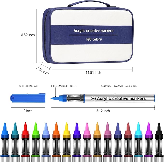 120 Color Acrylic Paint Markers Brush Tip, Waterproof, No-Bleed Ink with Automatic Ink Control, Premium Paint Pens for Rock, Wood, Canvas, Glass, Fabric for Professional and Adult Artists