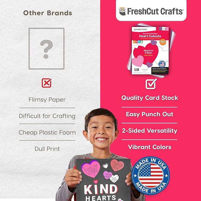 FreshCut Crafts 240 Pieces Heart Paper Cutouts, 2-Sided US Made Card Stock Punch Out Sweet Colored Hearts for Valentine’s Day Crafts, Bulletin Boards, Classroom Decor, and Posters 4 Sweet Colors