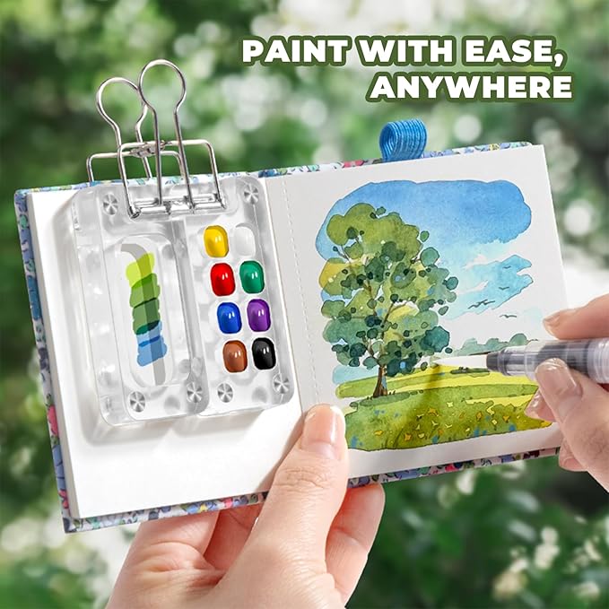 Mini Portable Watercolor Palette Set-Grid Paint Box with Binder Clips Include 12 Colors Paint - Brush*3 and Picture Album Art Materials Coloring Markers for Travel, Creative Drawing Kit for Beginners and Art Enthusiasts((Blue Acrylic-S)