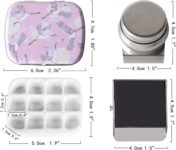 Portable Mini Tin Box,12-Well Empty Watercolor Palette,Small Paint Storage Travel Artist Outdoor Sketch Watercolor Kits with Magnetic Clip and Oil Pot. Pink Crane
