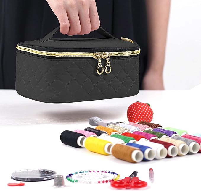LoDrid Sewing Kit, Portable Flannel Bag with Complete Sewing Supplies for Travel & Home, Sewing Repair Kit Tools for Adults & Beginners, 24 Color Threads, 30 Needles & Sewing Accessories, Black