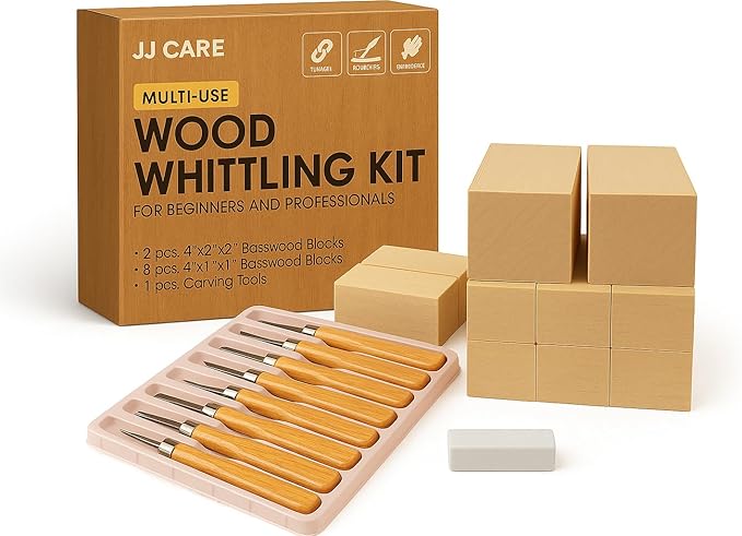 JJ CARE Wood Carving Kit [8 SK7 Carving Knives with Beechwood Handle, 10 Basswood Carving Blocks, and 1 Grinding Stone] - Beginner Wood Carving Kit, Wood Carving Tools Set, Wood Carving Set for Kids