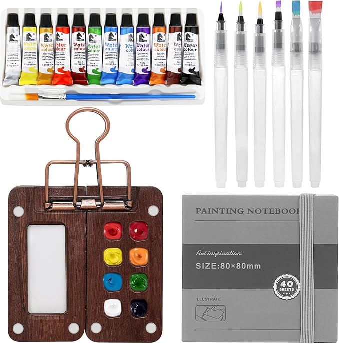 Mini Watercolor Paint Set, Travel Paint kit, Pocket Watercolor Set with 12 Color, Wooden Grid Paint Box, Sketchbook, 6 Brush, Portable Paint Palette for Beginners, Artists Enthusiasts(Wooden-S)