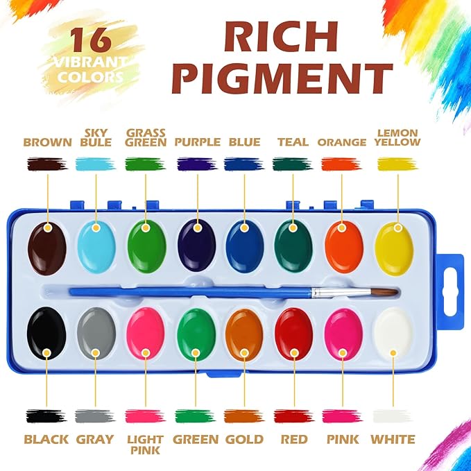 16 Pack Watercolor Paint Set - 16 Colors Quality Washable Water Color Paints Sets with Paint Brush, Kids Watercolor Paint Set for Coloring, Art, Classrooms, Party Favors and Paint Supplies