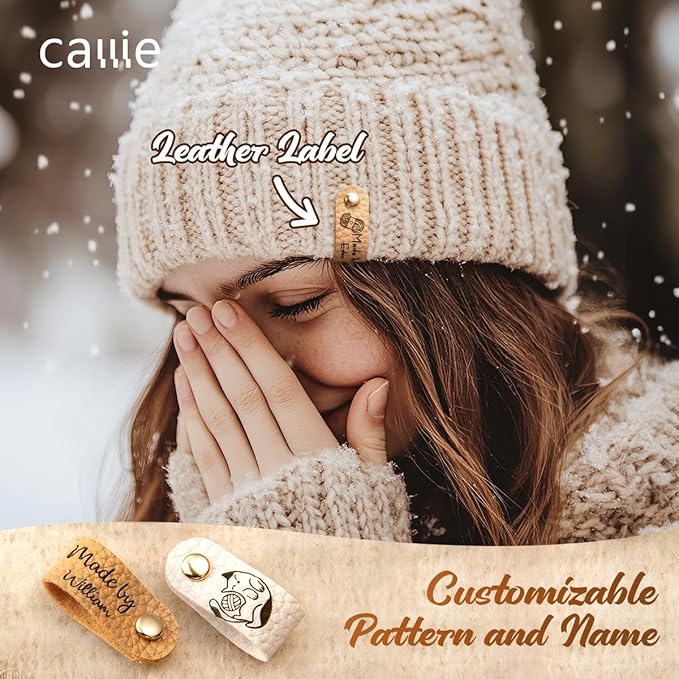 callie Personalized 10-100Pcs Leather Tags with Rivets - Custom Name & 22 Pattern, Made with Love Labels for Hats Beanies Scarves, Gifts for Knitting Sewing Crafting Lovers