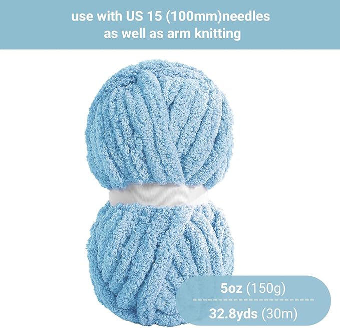 HOMBYS Sky Blue Chunky Chenille Yarn for Hand Knitting,Fluffy Soft Jumbo Yarn Crocheting,Super Bulky Big Yarn for Chunky Blanket,Large Thick Arm Knitting Yarn,8 Pack Plush Yarn