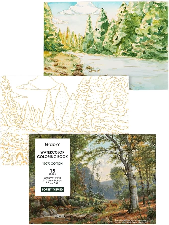 Grabie Watercolor Coloring Book, 15 Sheets A5 (8.3 x 5.8),Watercolor Book for Adults: Ignite Your Artistic Expression on 100% Cotton Paper (Forest)