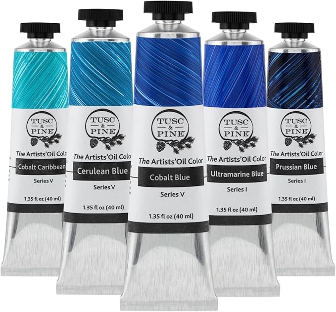 Tusc & Pine Artist Oil Paint - 40 ml Set of 5 - Ocean Blues - Non-Yellowing, Rich & Creamy Consistency, Maximum Pigment Load, Small Batch Milled Oil Paints Developed for Professional Artists