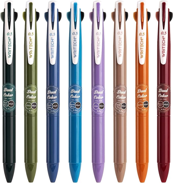 WRITECH Retractable Gel Ink Pens: Multi Colored 2 in 1 Colorful Click Pens Assorted Color 8ct Extra Fine Point Tip 0.5mm Journaling Smooth Writing Note Taking Coloring No Bleed & Smear & Smudge