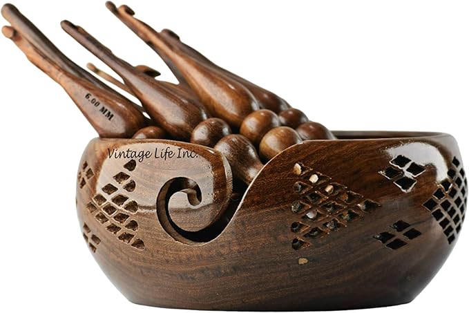 DnU Avenue Sheesham Wood Set of 13 Ergonomic Crochet Hooks 3.5 MM to 12 MM, Wooden Yarn Crochet Hooks for Arthritic Hands, Knitting & Crochet Storage, Soft Grip, Wood finish, Brown (Hooks with Bowl A)