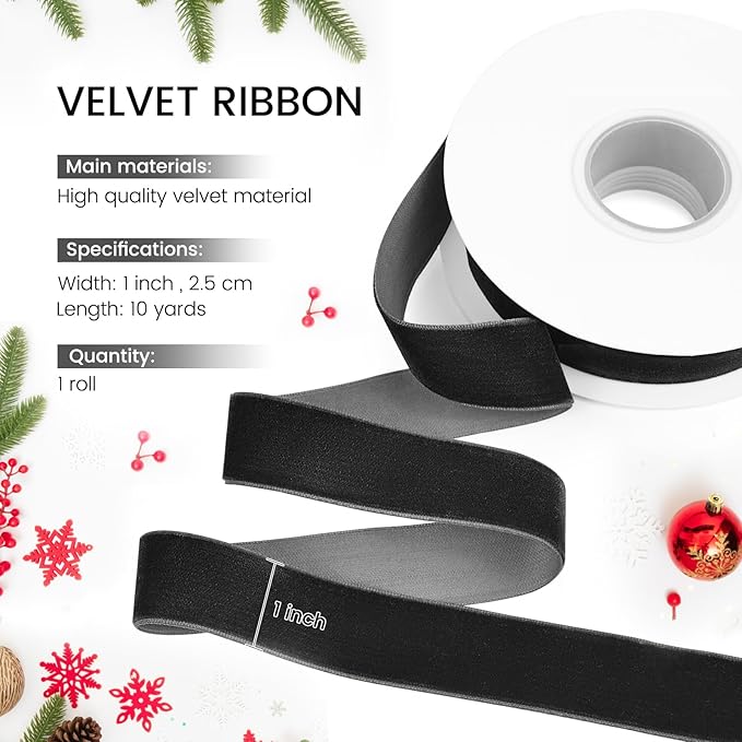 Black Velvet Ribbon, 1 inch 10 Yards Vintage Velvet Ribbons Perfect for Christmas Tree Ornaments, Gift Wrapping, Wedding Decoration, Bows, Sewing, Crafts, Wreath and More