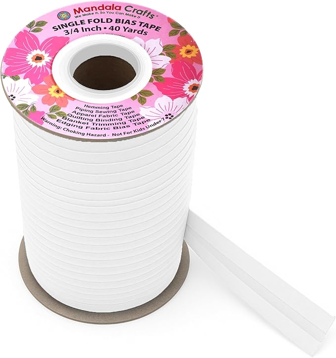Mandala Crafts 3/4 Inch Single Fold Bias Tape for Sewing, Quilting, Piping, Hemming, Blanket & Quilt Binding – 40 Yards White Fabric Seam Binding Tape