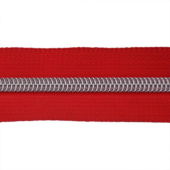 #5 Silver Metallic Nylon Coil Zippers by Yard Bulk Coil Zipper Roll 10 Yards with 25pcs Silver Pull for DIY Sewing Craft Bag(Red) YIGUANXIN
