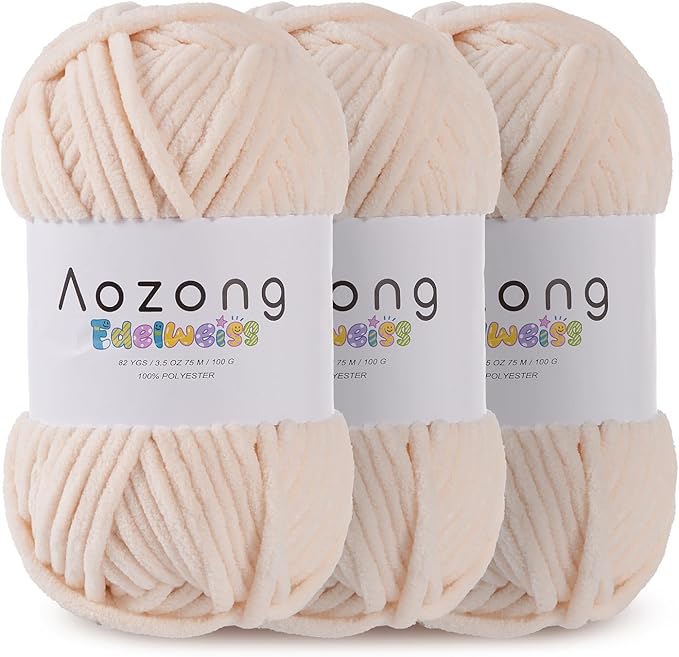 Super Soft and No Shedding Chunky Chenille Yarn for Crocheting and Knitting -Easy to Crochet with-Super Bulky #6, 3Pack of 3.5oz/82yds -Chunky Plush Yarn for Hand Craft Blanket Amigurumi Cream Color