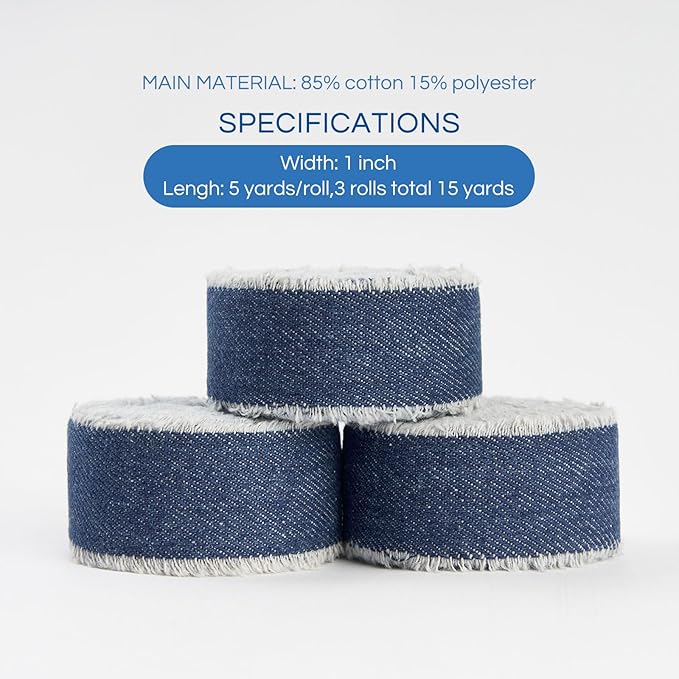Pretty Jolly Blue Denim Ribbon for Crafts Handmade Rustic Frayed Cotton Jean Fabric Ribbon for Flower Bouquet 15 Yards 1 Inch Cloth Ribbons for Gift Wrapping Hair Sewing Accessories Holiday Decor