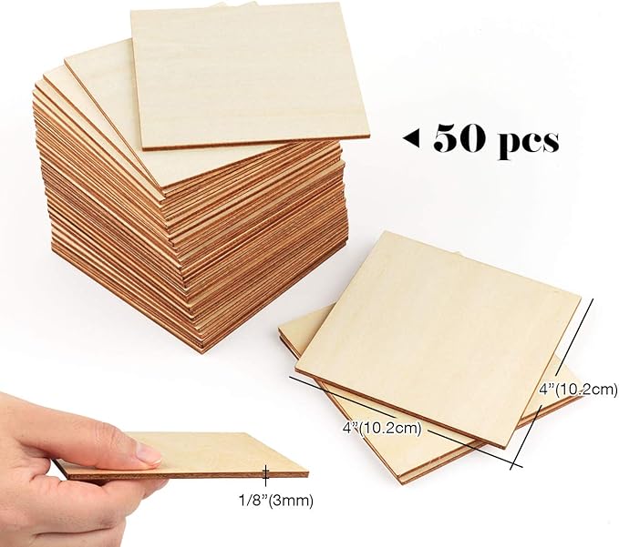 ilauke 50Pcs Basswood Sheets 1/8 Wood Square 4x4 Blank Balsa Wood Sheet for Crafts, Thin Unfinished Wood Squares for Wood Burning Painting Staining Wood Engraving Laser Projects Wood Craft Supplies