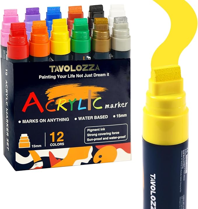Tavolozza Fine Arts 12 Colors Jumbo Markers, 15mm Felt Tip Jumbo Poster Markers Set, Acrylic Paint Markers for Rock Painting, Poster, Stone, Ceramic, Glass, Wood, Canvas, Metal, Plastic & Fabric