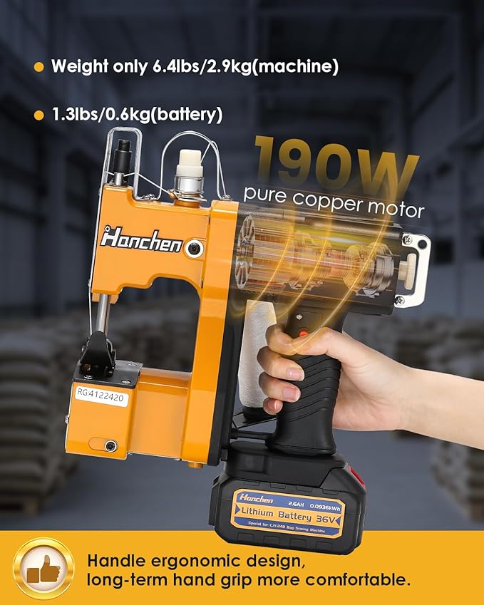Hanchen Cordless Bag Sewing Machine Battery Powered Bag Sealing Machine High Speed Bag Closer Bag Closing Machine Bag Stitching Machine Bag Stitcher Packing for Feed Sacks Jute Seed Vinyl Rice Bags