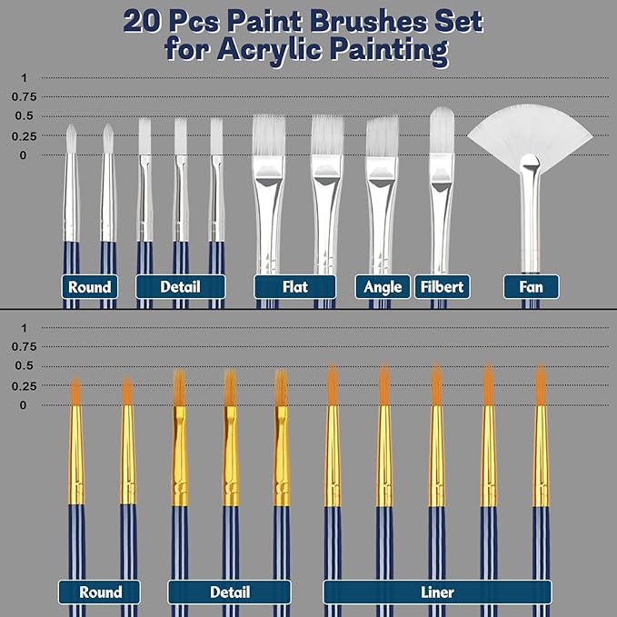 Paint Brushes Set, 20 Sizes Different Painting Brushes Acrylic Paint Brush Set, Paint Brushes Bulk for Nail, Face Art, Craft, Rock Painting and School Project