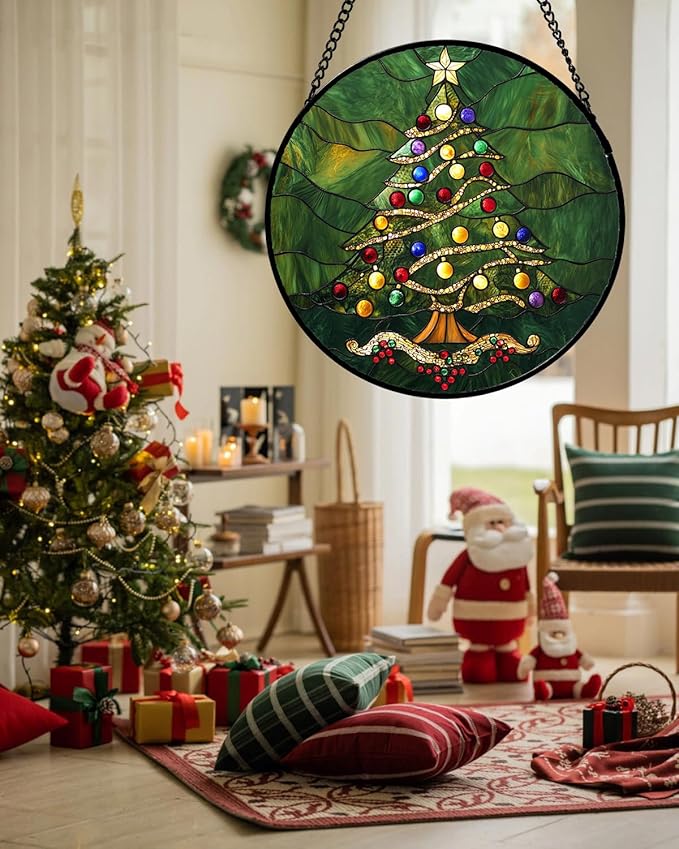 Stained Glass Window Hanging - Green Christmas Tree with Colorful Lights Suncatcher for Doors Home Christmas Decoration Sun Catcher Thanksgiving New Year Birthday Gifts for Women Men Mom Nana 7.8 in