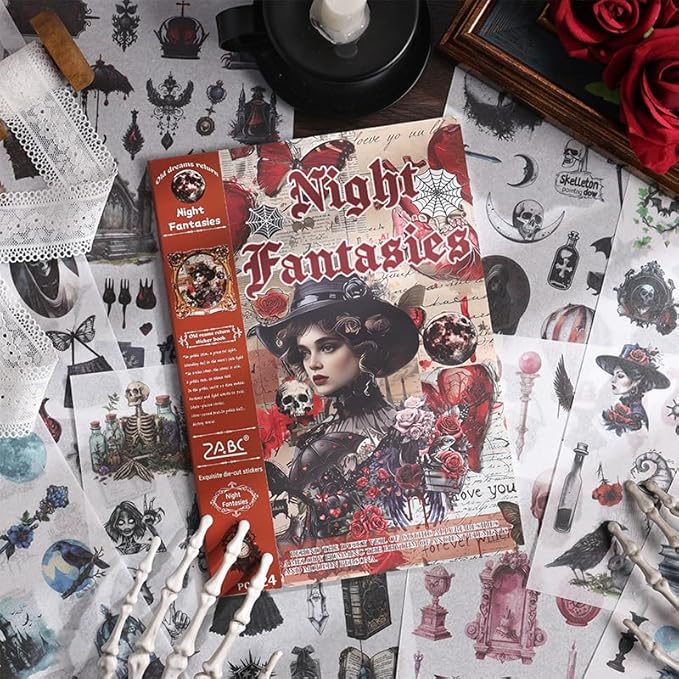 4 Different Goth Themes Sticker Pad,Vintage and Goth Aesthetic Washi Stickers Book, Die-Cut Sticker Book for Phone Scrapbook Junk Journal Collage DIY Crafts