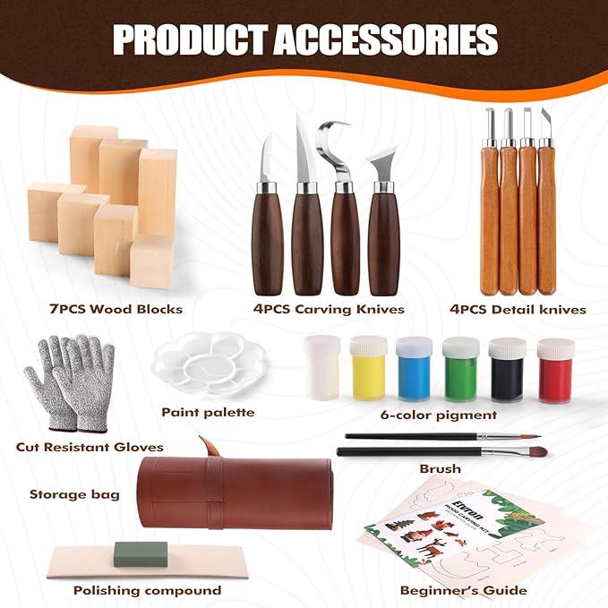 Wood Carving Kit - Whittling Kit with Wood Blocks and Paint Set - Carving Tools for Beginners - Hobbies for Women and Men - Arts and Crafts for Adults & Kids - Gift for Girls and Boys