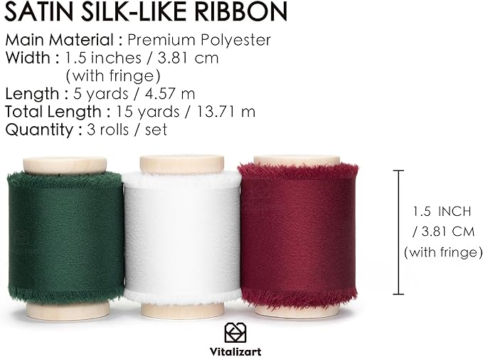 Vitalizart Silk Satin Ribbon 1-1/2 Inch x 15 Yard Christmas Ribbon Wooden Spool Handmade Frayed Ribbons for Gift Wrapping Baby Shower Wedding Bridal Bouquets Holiday Decor