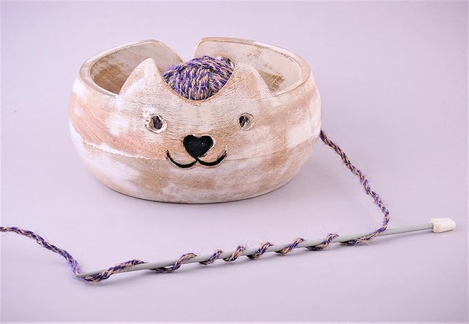 Christmas Gifts for Women Cat Yarn Bowl Knitting Bowl Large Crochet Yarn Holder Handmade Crocheting Accessories and Supplies Organizer 7 x 3 Wooden White Elephant Gifts