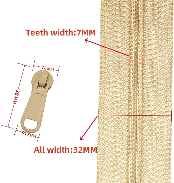 MebuZip #5 Nylon Coil Zippers by The Yard Bulk Zipper Roll Zipper Tape 10 Yards with 25pcs Pulls for Sewing Tailor DIY Craft Bags Pillows (Beige 10Yards)