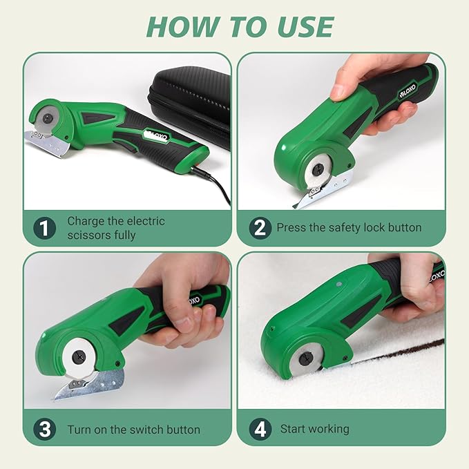 VLOXO Cordless Electric Scissors, 4V Rechargeable Cardboard Cutter with Safety Lock and LED Light Powerful Fabric Mini Cutter Rotary Multi-Cutting Tool for Carpet Leather Felt Storage Box Green