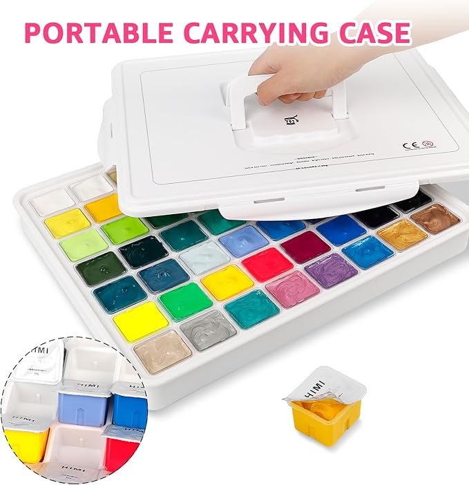 HIMI Gouache Paint Set, 56 Colors x 30ml/1oz, Contains Metallic and Fluorescent Colors, Jelly Cup Design, Non-Toxic, Guache Paint for Canvas and Watercolor Paper - Perfect for Beginners, Students