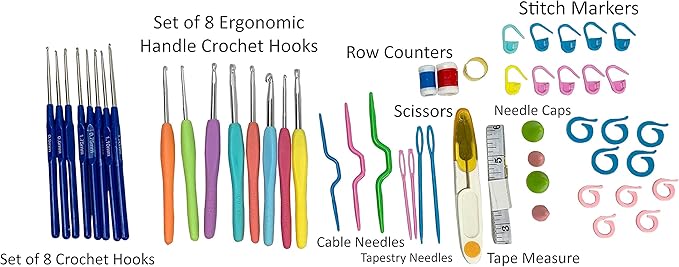 Designer Stitch Happy Crocheting Kit: 52 Piece Crochet Kit for Beginners & 7 Pocket Yarn Bag, Signature Yarn Storage - Royal Purple