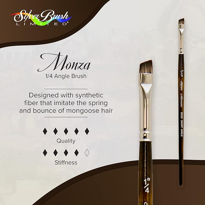 Silver Brush Limited 2633S Monza Angle Brush, Oil, Acrylic, and Watercolor Brush, Short Handle, Size 1/4"