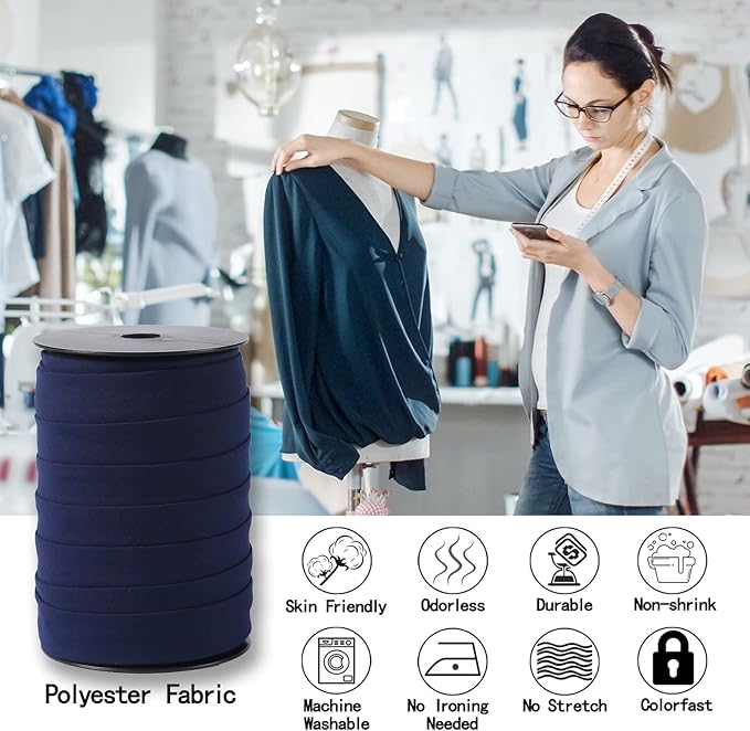 Bias Tape Double Fold 1 inch, Double Fold Bias Binding Tape 55 Yards (Navy Blue) and 4 Pieces Sewing Fabric Chalks for Crafts, Sewing, Seaming, Hemming, Piping, Quilting.