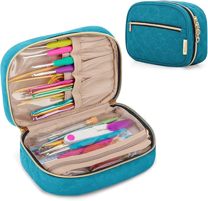 Yarwo Crochet Hook Case, Travel Organizer Bag for Crochet Hooks, Aluminum Crochet Hooks, and Crochet Supplies, Teal (Bag Only)