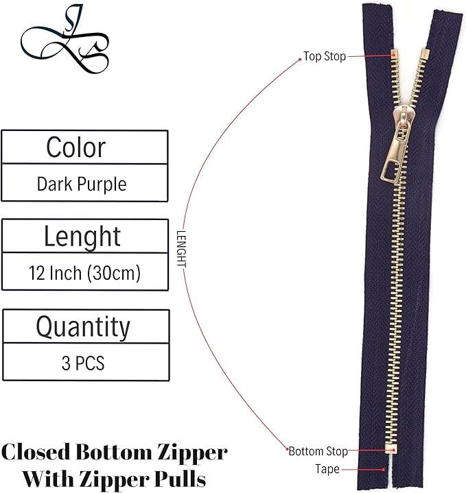 #5 Gold Metal Zipper - 50+ Colors - 3 PCS - (4-14 inches) Sizes - Luxury Lightweight Handcraft Metal Zippers with pulls for Purses Bags Pockets Shoes Sewing & Crafts DIY ZP022612