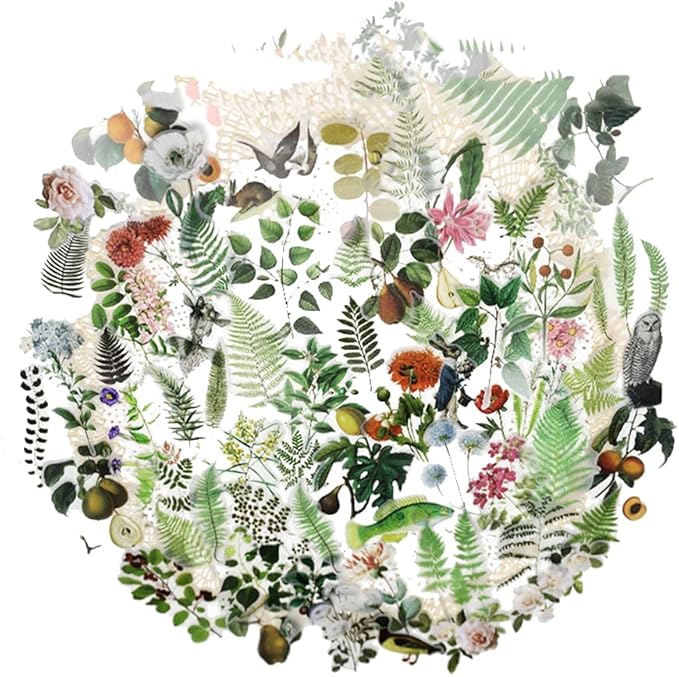 Doraking 65PCS Plants Scrapbook Stickers, DIY Decoration Transparent Sulfuric Paper Green Plants for Scrapbook, No-Repeat