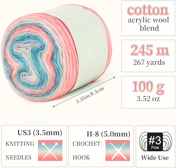 Aeelike Gradient Yarn for Crocheting, 3 Skeins Cake Yarns 100g (3.52 oz) 245m (267 Yards) # 3 Light Weight - Super Soft Ombré Fairyland Yarns for Making Colorful Crafts, Blue Pink Gradient