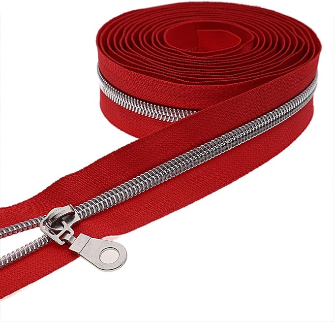 #5 Silver Metallic Nylon Coil Zippers by Yard Bulk Coil Zipper Roll 10 Yards with 25pcs Silver Pull for DIY Sewing Craft Bag(Red) YIGUANXIN
